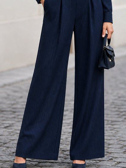 Collared V-Neck Shirt & High Waist Pleated Wide Leg Pants Two-Piece Suit