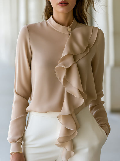 Symmetric Ruffle-Front Stand-Collar Blouse