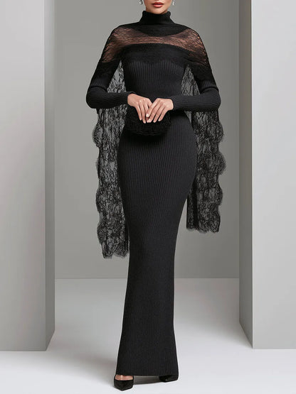 Lace Cape Ribbed Knit Maxi Dress