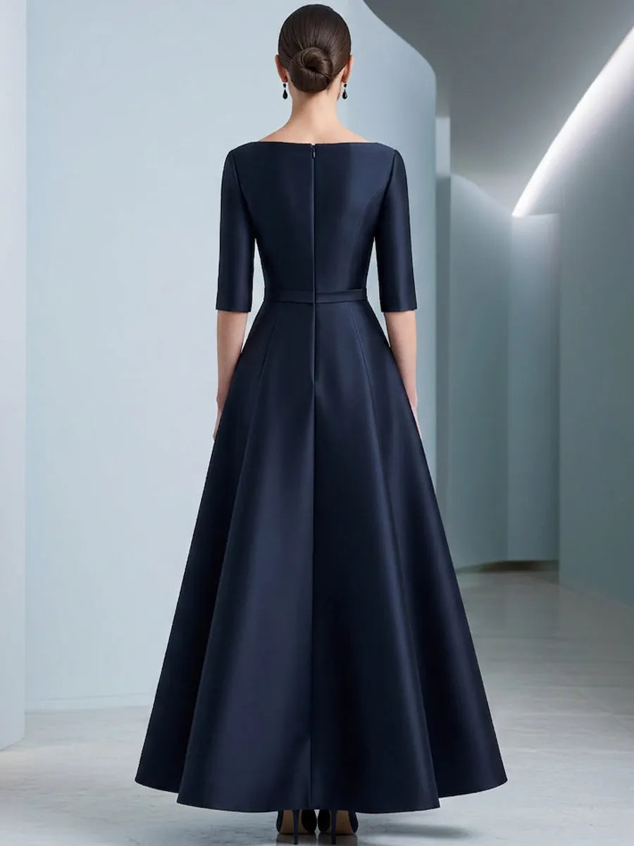 Draped Waist Bateau Neck Satin A-Line Evening Gown