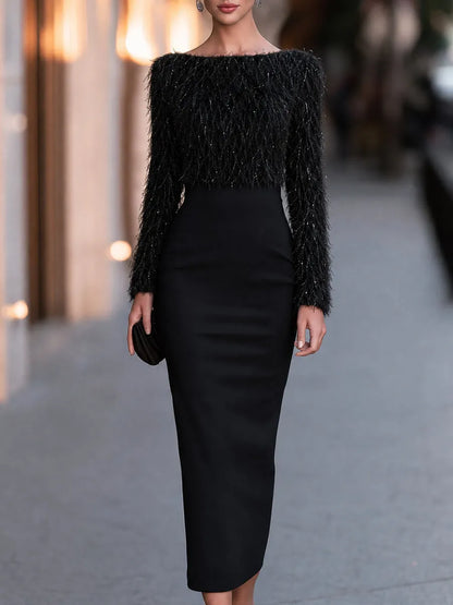 Textured Fringe Bodice Long Sleeve Midi Dress