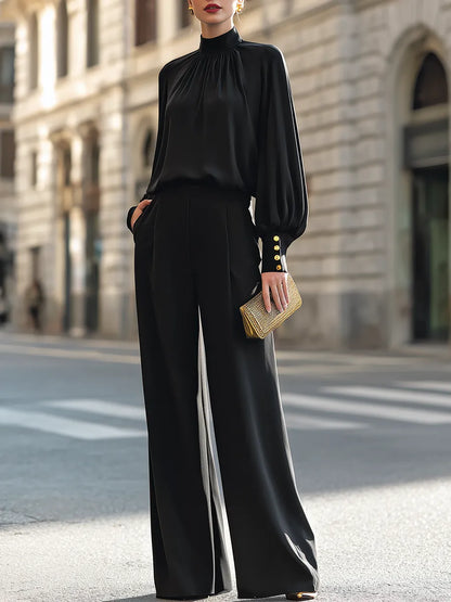 High-Neck Blouson Top And Wide-Leg Pants Set