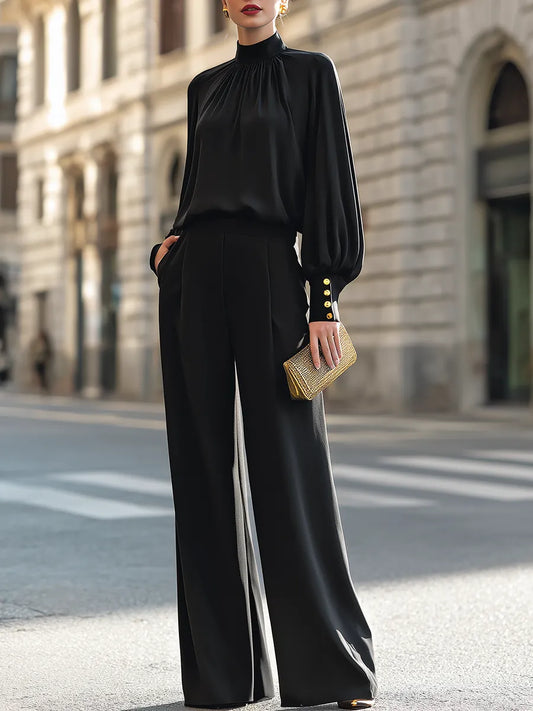 High-Neck Blouson Top And Wide-Leg Pants Set