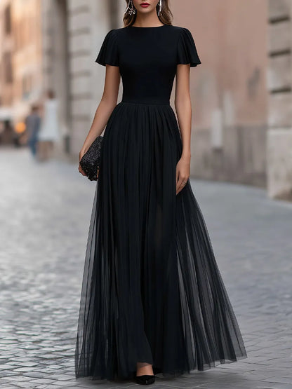 Flutter Sleeve Pleated A-Line Maxi Dress