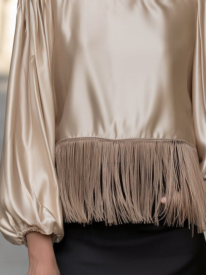 Satin Fringe Detail Puff Sleeves Off-Shoulder Blouse