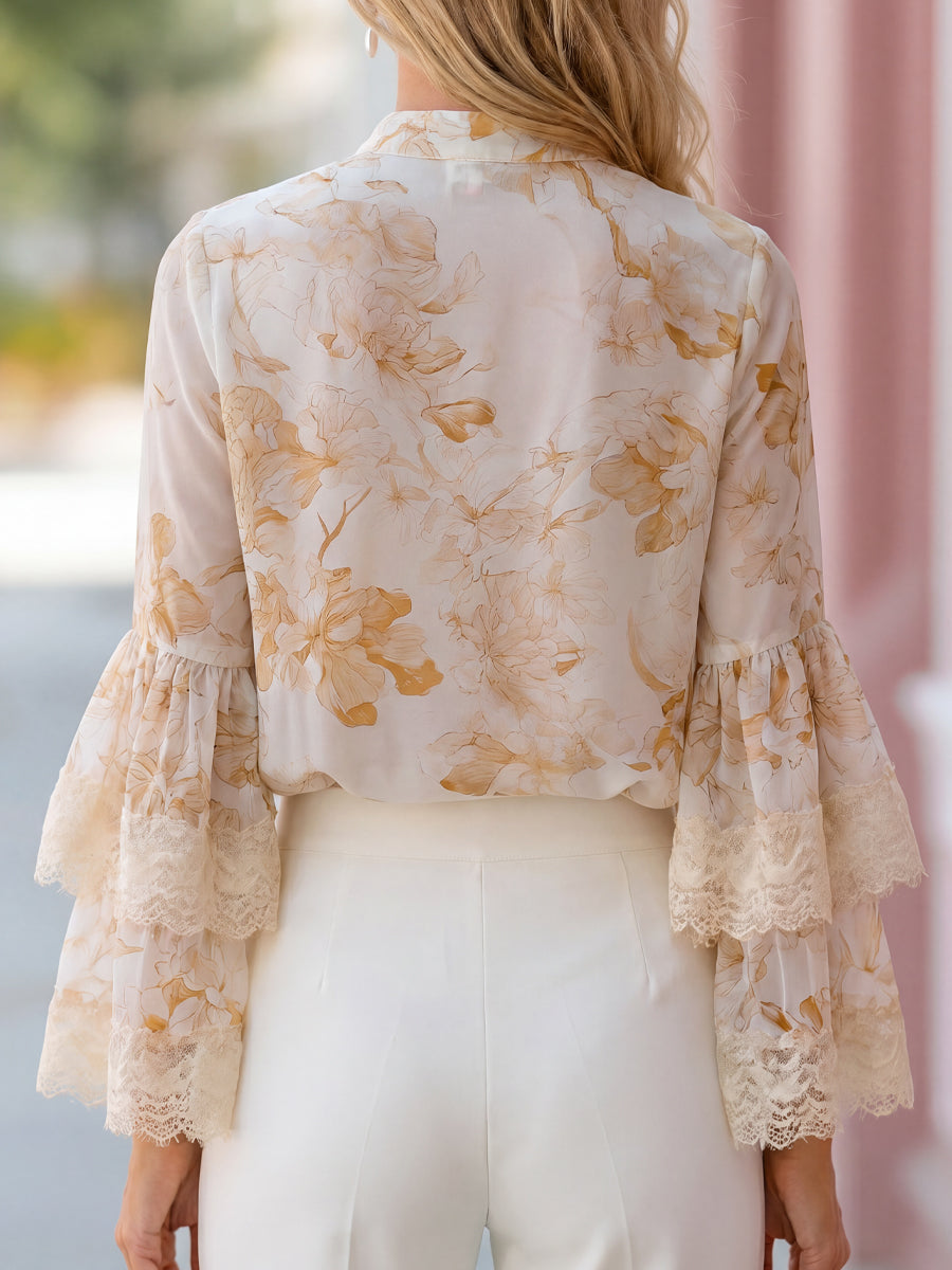 Floral Lace Bell Sleeve V-Neck Chiffon Blouse