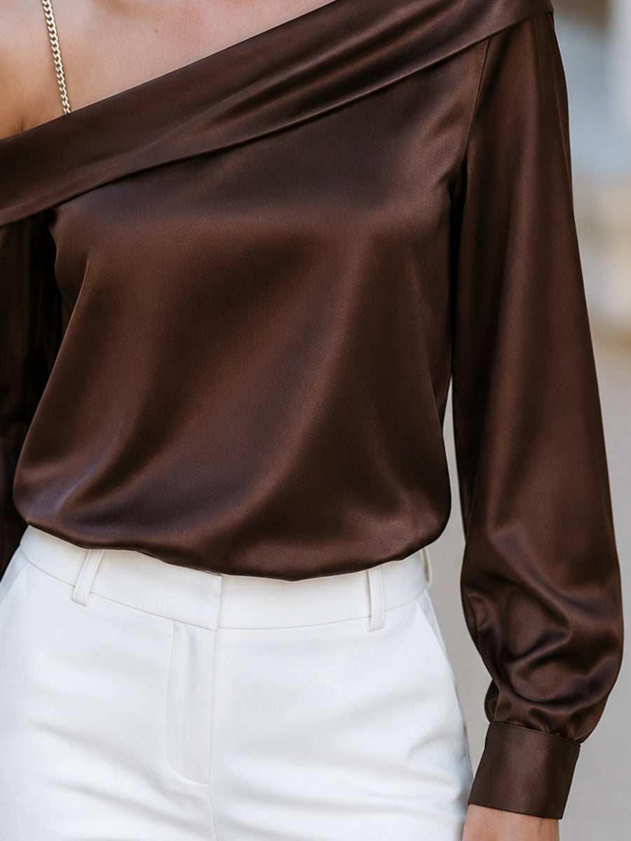 Satin One Shoulder Gold Chain Strap Blouse