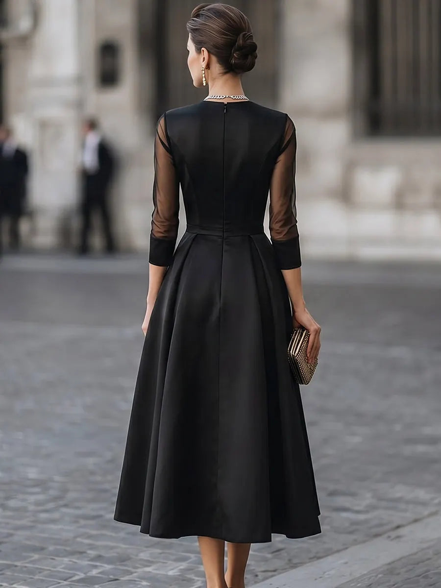 Plunging V Neck Sheer Mesh Sleeve Glossy Satin Swing Midi Dress
