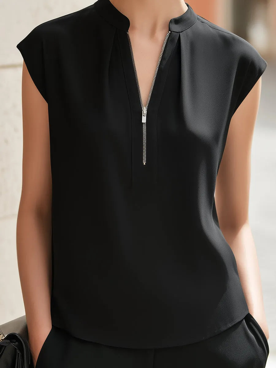 Minimalist Zip-Front Cap Sleeve Blouse