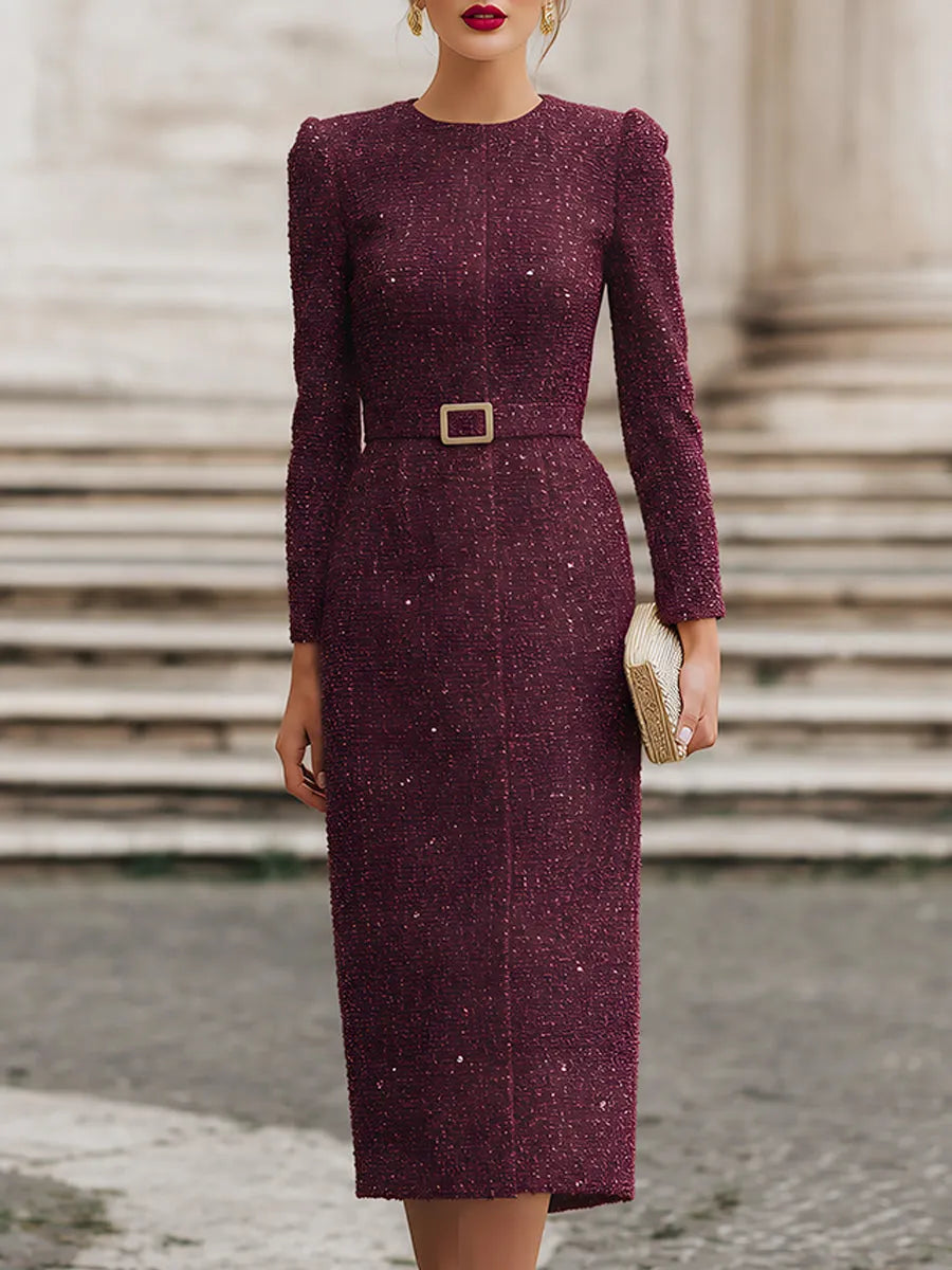 Sequin Tweed Long Sleeve Midi Dress
