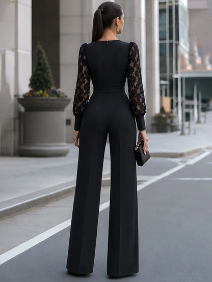 Lace-Sleeve Ruffle Wide-Leg Jumpsuit