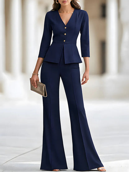 Elegant Navy Blue Peplum Blazer Wide Leg Pants Set