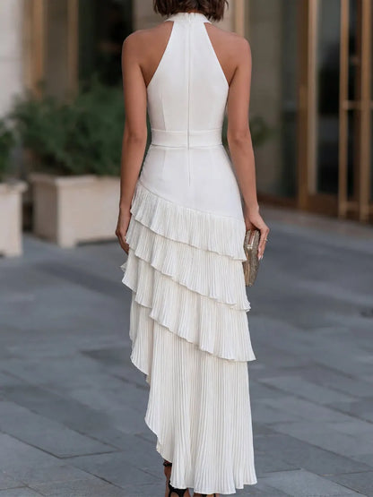 Halter Neck Pleated Asymmetric Maxi Dress