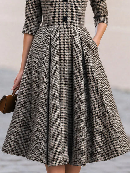 Houndstooth Collared 3/4 Sleeve Button Front A-Line Midi Dress