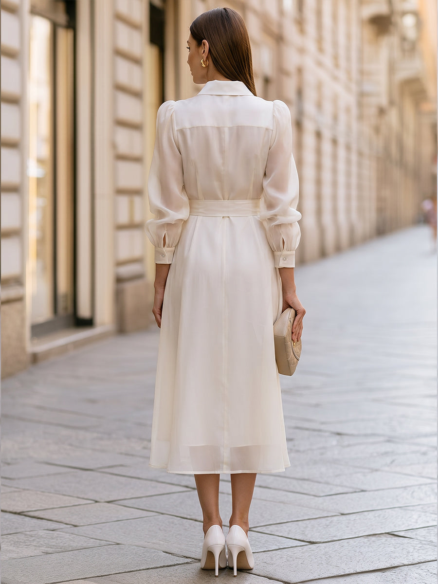Elegant Belted Sheer Sleeve Shirt Maxi Dress