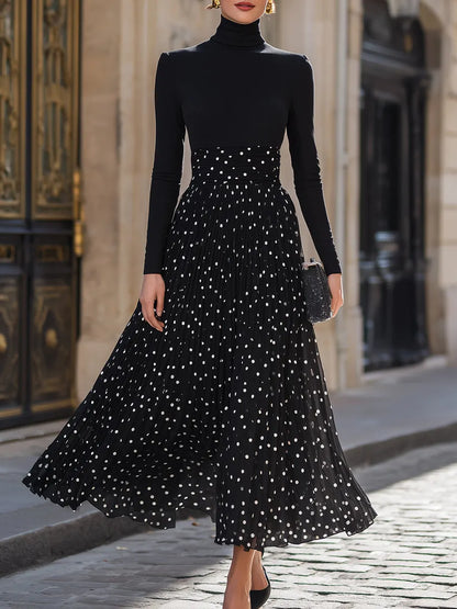 Turtleneck Top And Polka Dot Pleated Maxi Skirt Set