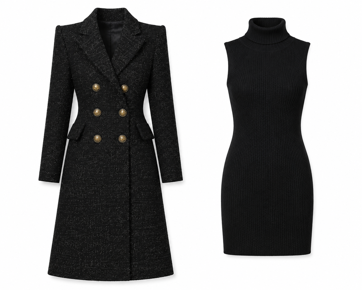 Metallic Tweed Long Coat And Sleeveless Knit Dress Set