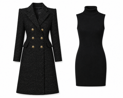 Metallic Tweed Long Coat And Sleeveless Knit Dress Set