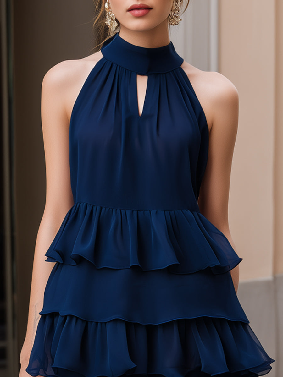 Halter Mock Neck Keyhole Tiered Ruffle Chiffon Mini Dress