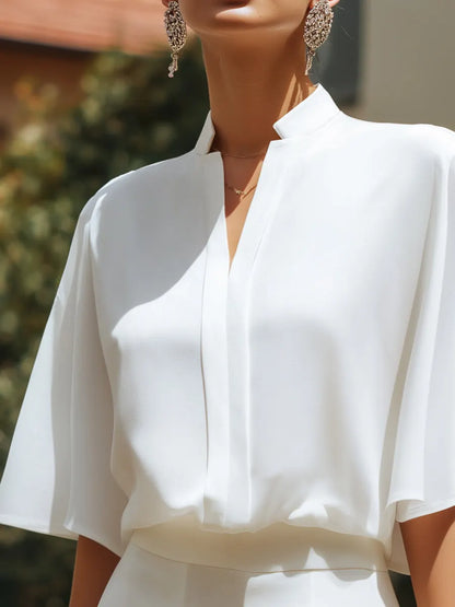 Flowing Split-Neck Cape Sleeve Blouse