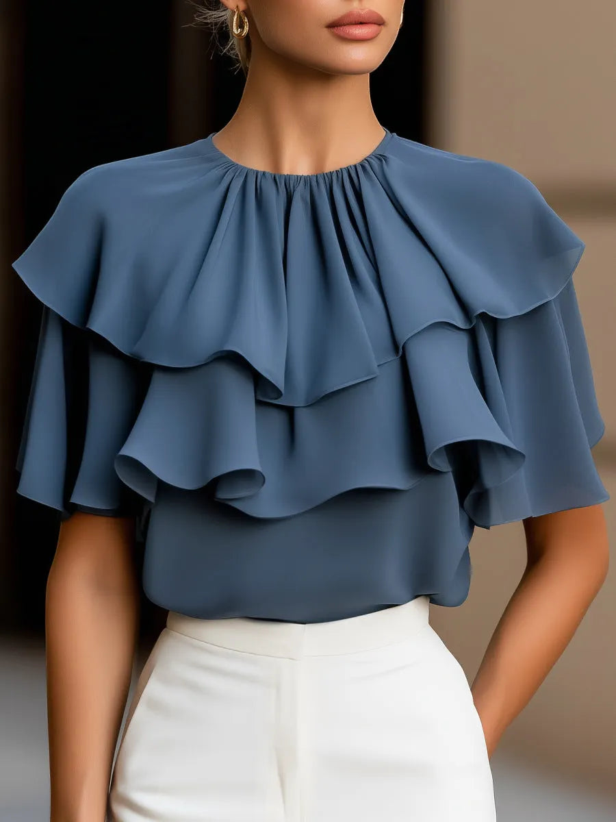 Tiered Ruffle Cape Sleeve Chiffon Blouse