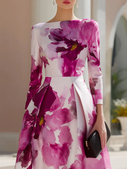Floral Print Long Sleeve A-Line Midi Dress