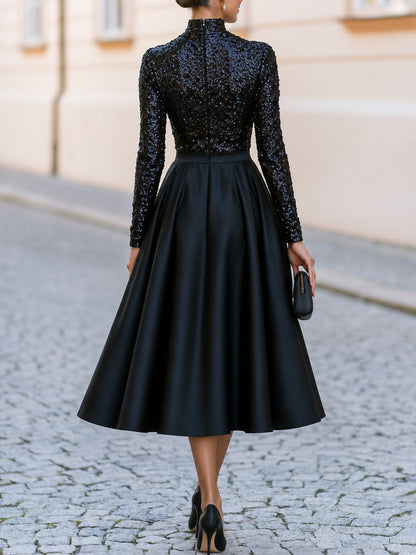 High Neck Sequin Long Sleeve Satin Swing Midi Cocktail Dress