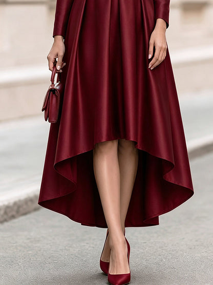 Fold Over Collar Long Sleeve Belted High Low Midi Swing Dress