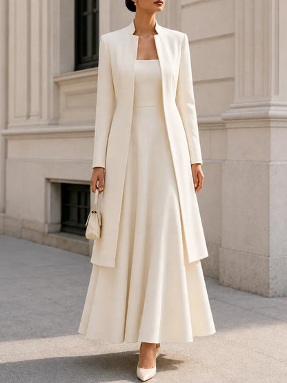 Stand‐Collar Long Open Coat & Flared Maxi‐Dress Two‐Piece Crepe Co‐Ord Set