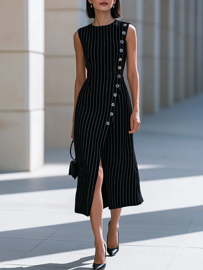 Black & White Pinstripe Sleeveless Button-Detail Midi Dress