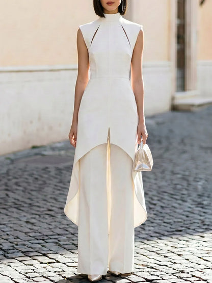 Sleeveless High-Neck Structured Jumpsuit With High-Low Overlay And Wide-Leg Trousers