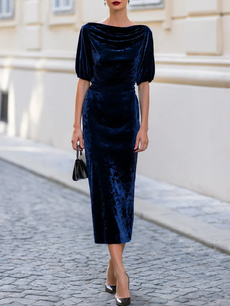 Velvet Cowl Neck Puff Short Sleeve Bodycon Midi Dress