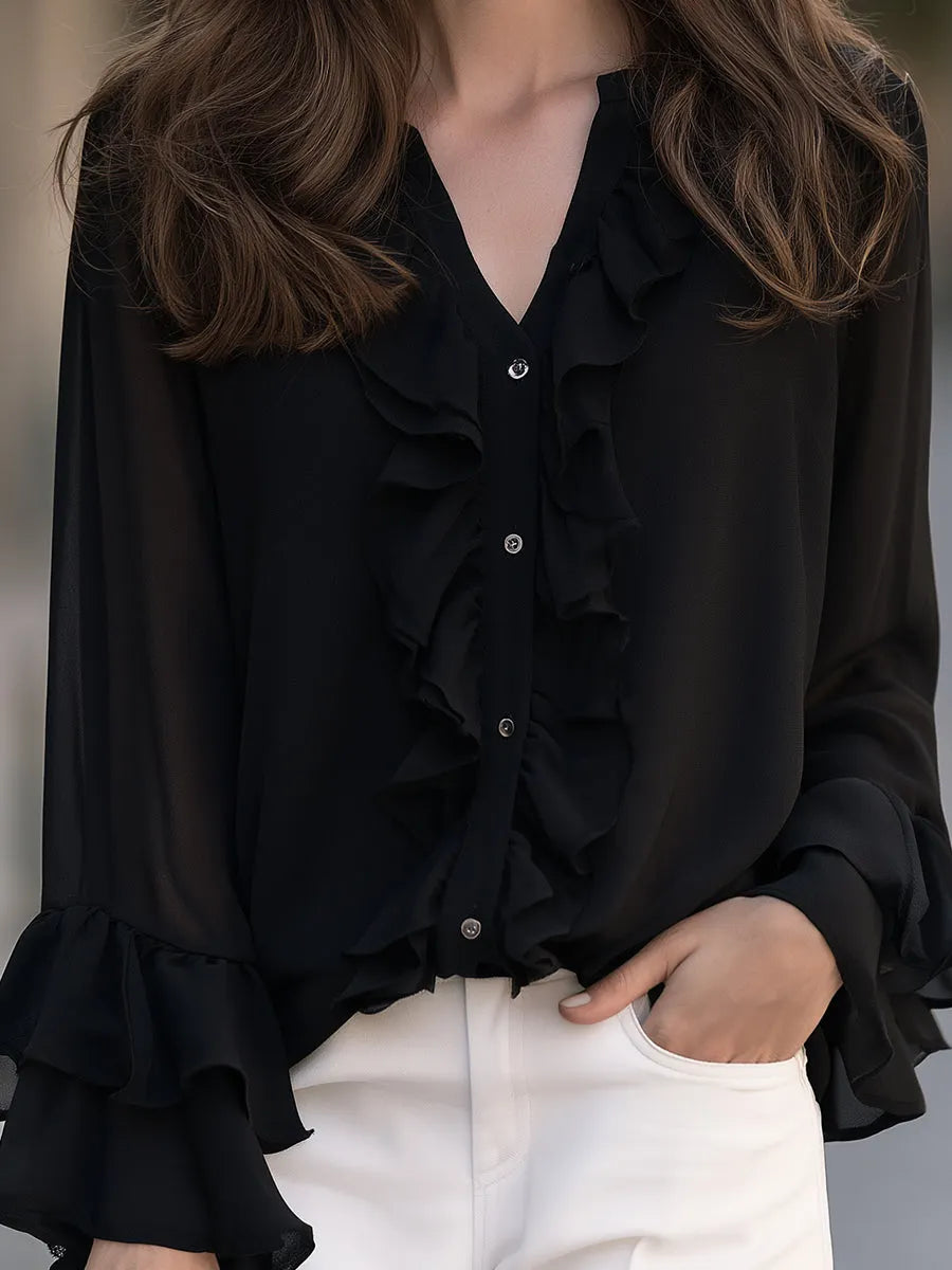 Ruffled Chiffon V-Neck Tiered Bell Cuffs Blouse