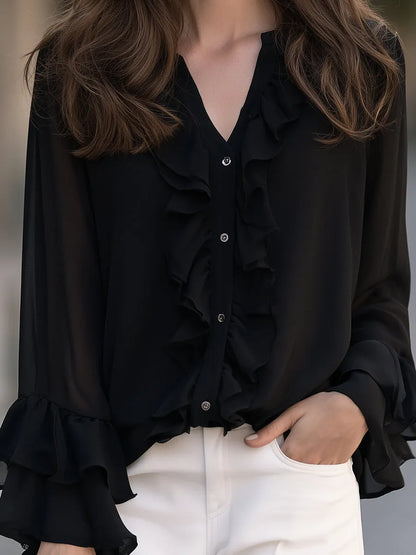 Ruffled Chiffon V-Neck Tiered Bell Cuffs Blouse