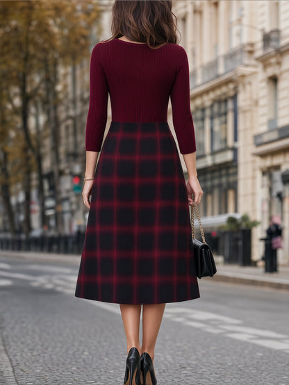 Button-Front Plaid Structured Midi Dress