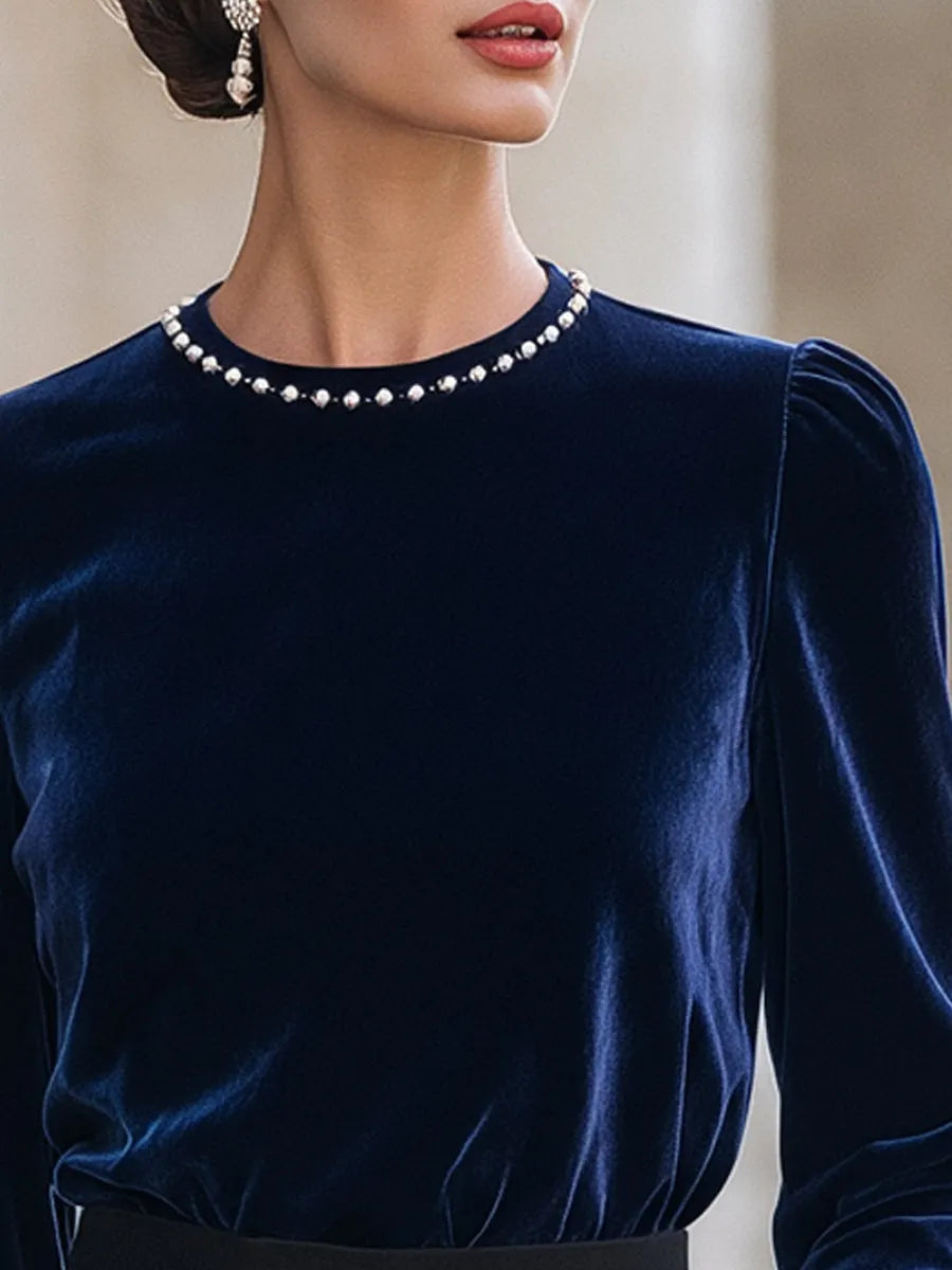 Beaded Neckline Velvet Gathered-Shoulder Top