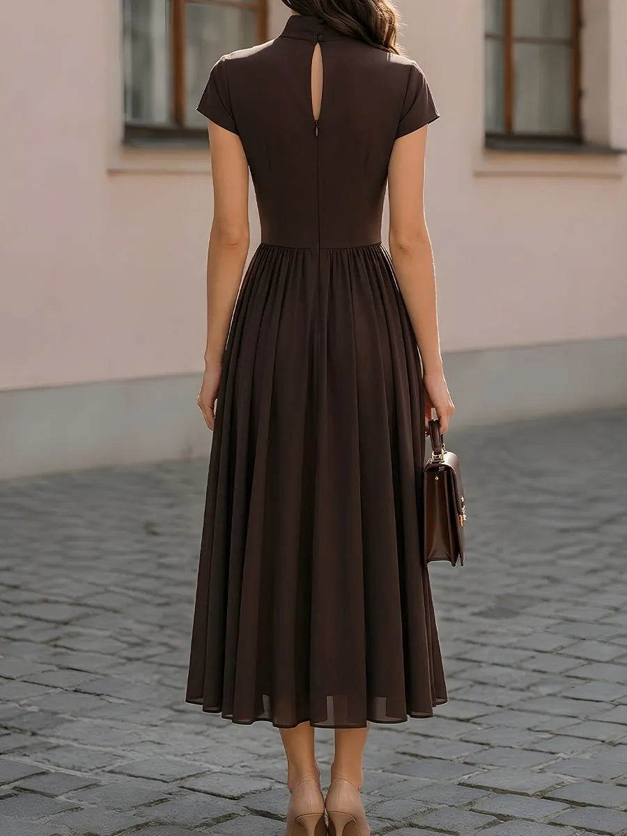 Mock Neck Short Sleeve Fit-and-Flare Midi Dress