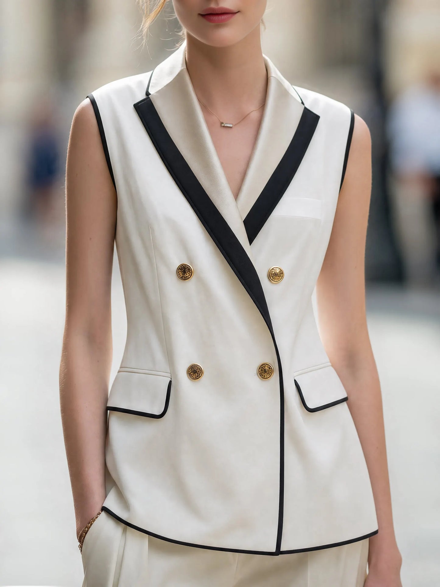 Contrast Trim Double-Breasted Sleeveless Tailored Vest