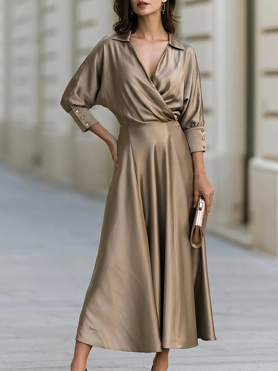 Satin Wrap Collar Maxi Dress With Gold Button Cuff Detail