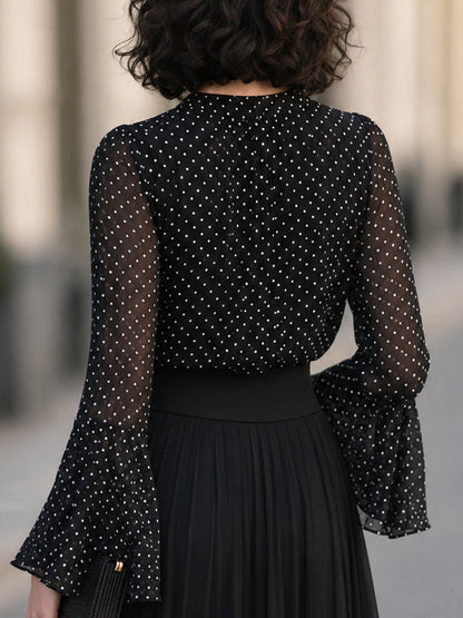 Flared Cuffs Polka Dot Chiffon Lace Trim Blouse