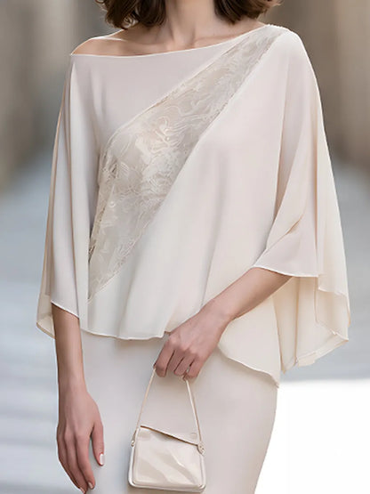 Ivory Lace Panel Draped Cape Blouse With Midi Skirt Set