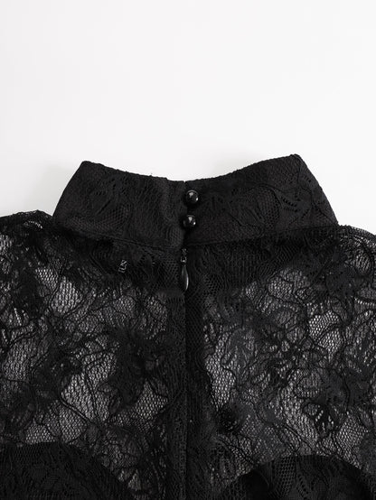 Black Lace Illusion Bodice Wide-Leg Evening Jumpsuit