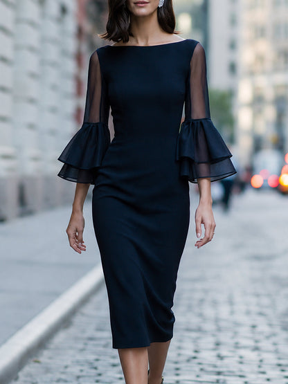 Sheer Tiered Bell Sleeve Sheath Midi Dress