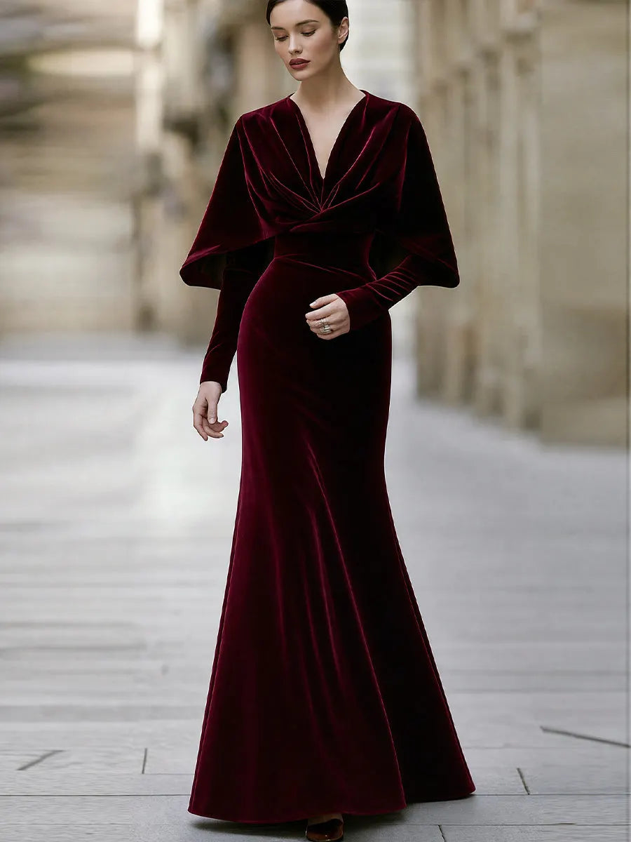 Elegant Velvet V-Neck Cape Sleeve Mermaid Evening Gown