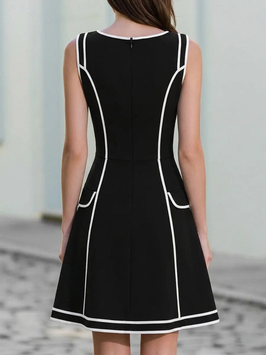 Black And White Contrast Trim Fit-and-Flare Sleeveless Dress
