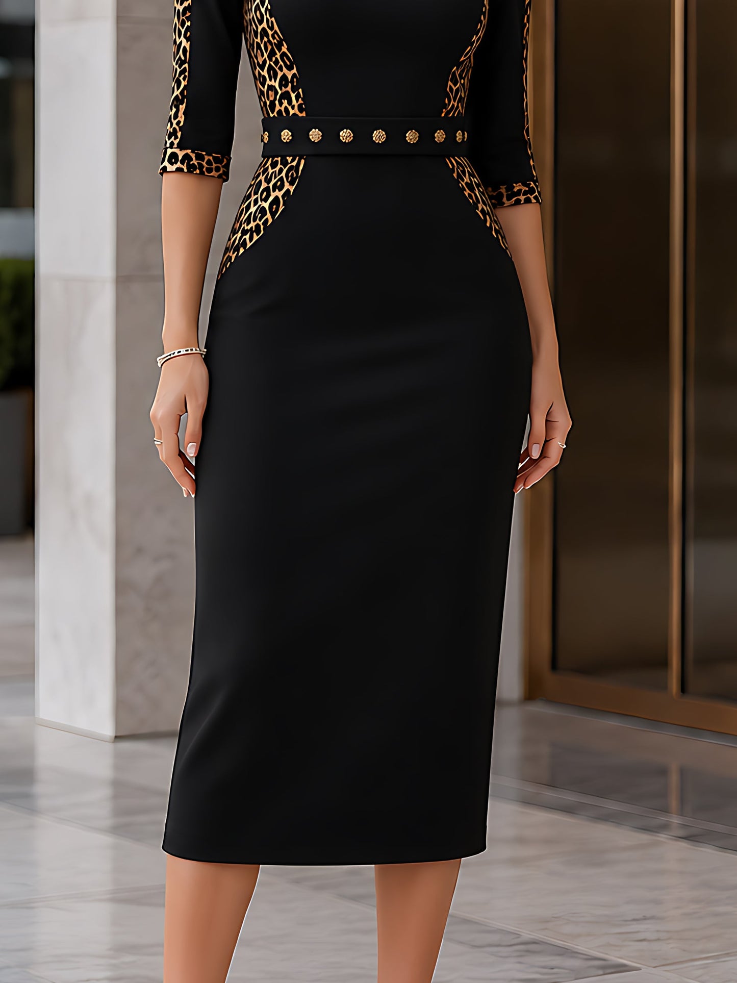 Leopard Panel Metal-Button Belt Midi Dress