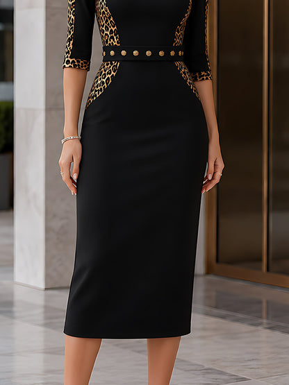 Leopard Panel Metal-Button Belt Midi Dress