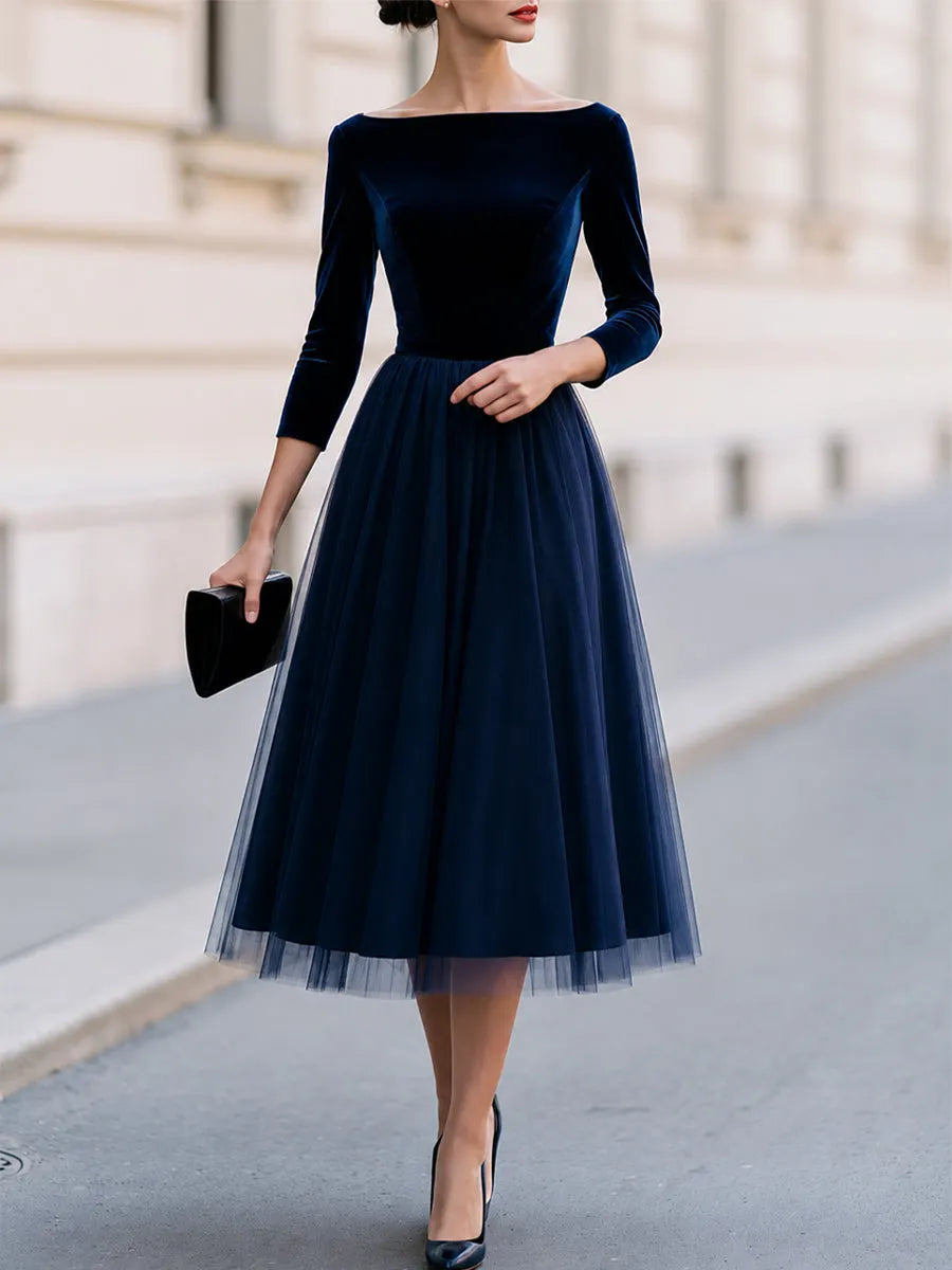 Velvet Tulle Midi Dress For Cocktail, Wedding Guest & Formal Evening Occasions