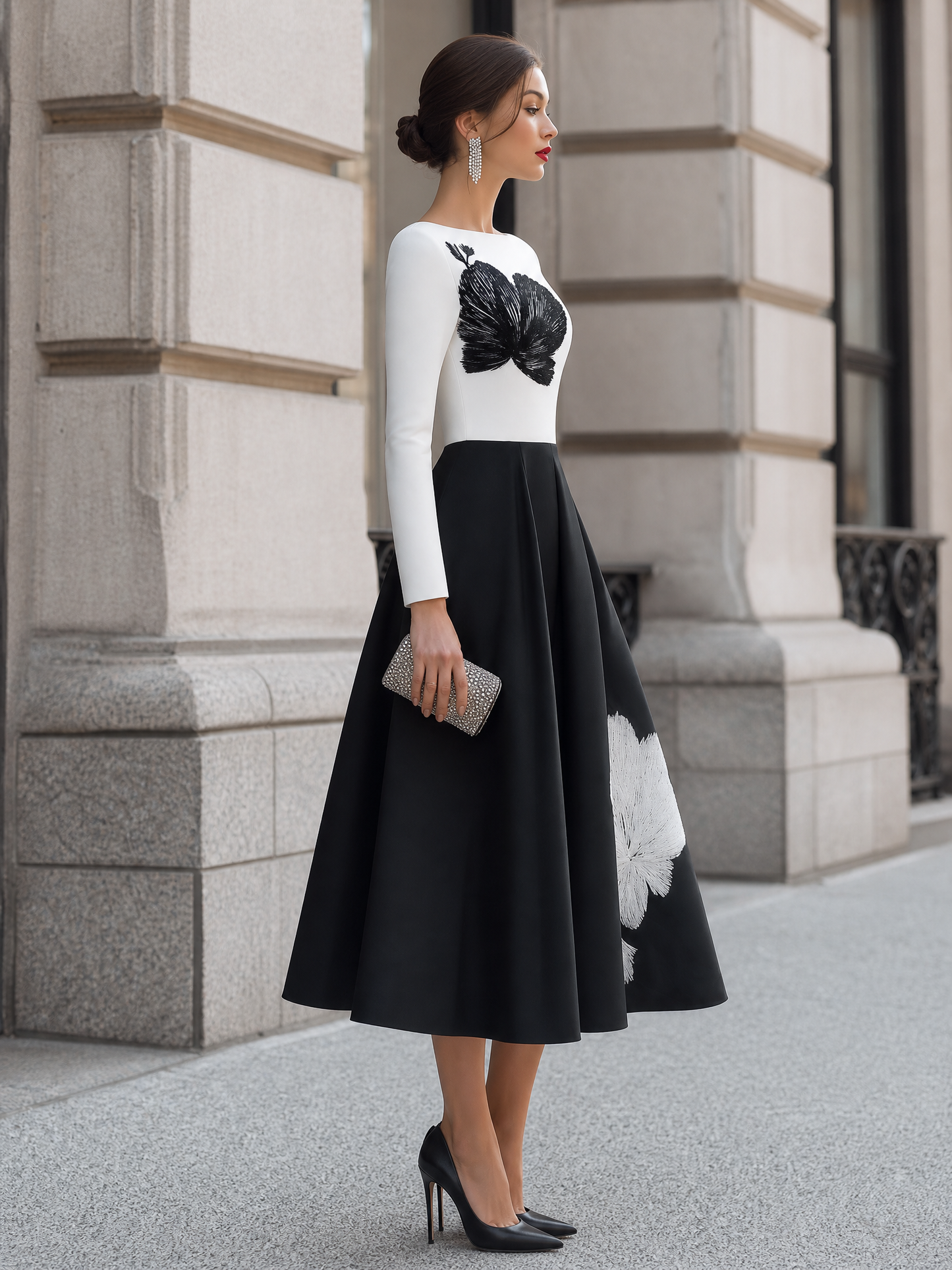 Elegant Contrast Floral Embroidery Long Sleeve Midi Dress
