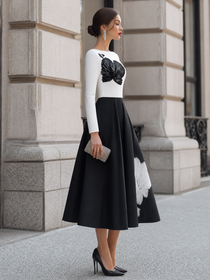 Elegant Contrast Floral Embroidery Long Sleeve Midi Dress
